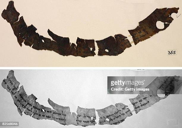 Combination of two handout photos provided by the Israeli Antiquities Authority on August 27 shows a colour digital image of a fragment of the Dead...