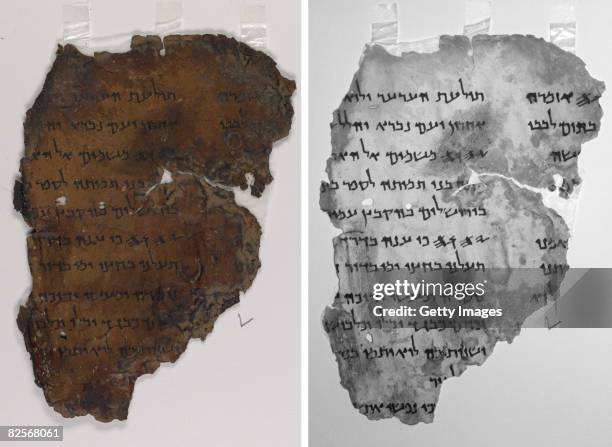 Combination of two handout photos provided by the Israeli Antiquities Authority on August 27 shows a colour digital image of a fragment of the Dead...