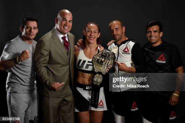 Women's lightweight champion Cris Cyborg of Brazil poses for a post fight portrait backstage during the UFC 214 event inside the Honda Center on July...