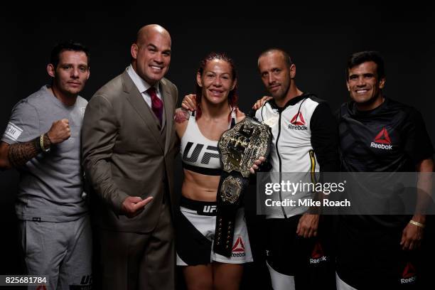 Women's lightweight champion Cris Cyborg of Brazil poses for a post fight portrait backstage during the UFC 214 event inside the Honda Center on July...