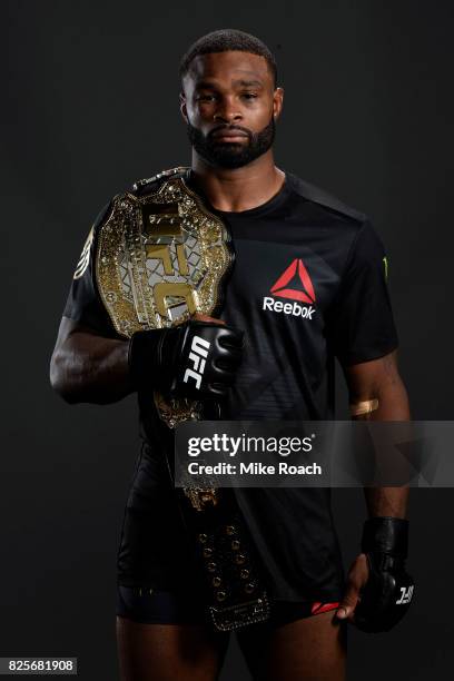 Welterweight champion Tyron Woodley poses for a post fight portrait backstage during the UFC 214 event inside the Honda Center on July 29, 2017 in...