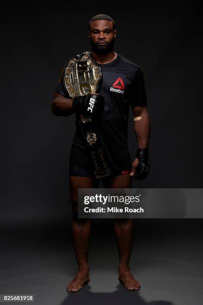 Welterweight champion Tyron Woodley poses for a post fight portrait backstage during the UFC 214 event inside the Honda Center on July 29, 2017 in...