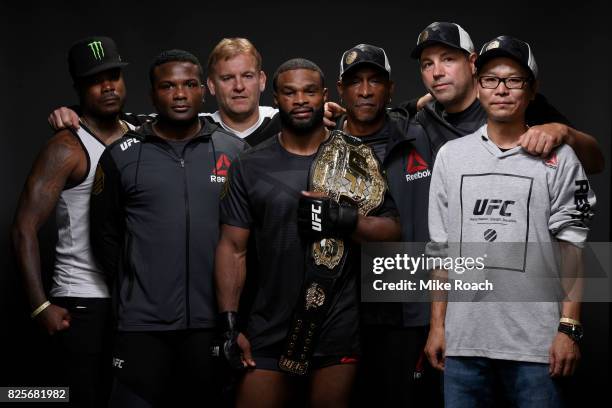 Welterweight champion Tyron Woodley poses for a post fight portrait backstage during the UFC 214 event inside the Honda Center on July 29, 2017 in...