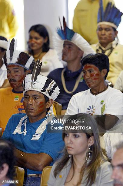 Brazilian natives from several tribes attend the trial on Raposa Serra do Sol indigenous reservation in the Supreme Court in Brasilia on August 27,...