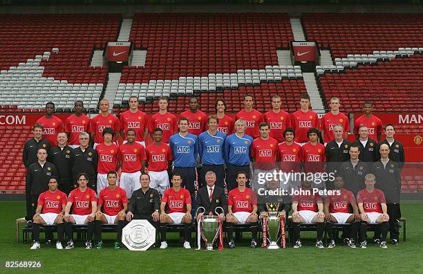 The Manchester United squad pose during the club's official annual photoshoot at Old Trafford on August 27 2008 in Manchester, England. Back row :...