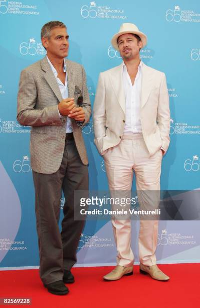 Actors George Clooney and Brad Pitt attends the Burn After Reading photocall during the 65th Venice Film Festival held at the Piazzale del Casino on...