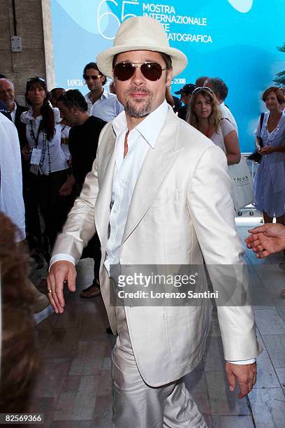 Brad Pitt arrives at the press conference for "Burn After Reading" during the 65th Venice Film Festival at Casino on August 27, 2008 in Venice, Italy.