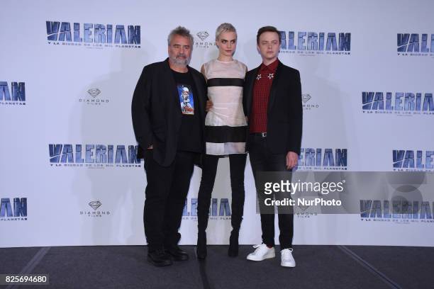 Director Luc Besson, Actress Cara Delevingne and Actor Dane DeHaan are seen during the a photocall to promote Valerian and the City of a Thousand...