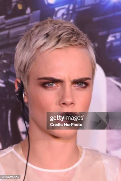 Actress Cara Delevingne attends at film press conference to promote Valerian and the City of a Thousand Planets at St. Regis Hotel on August 02, 2017...