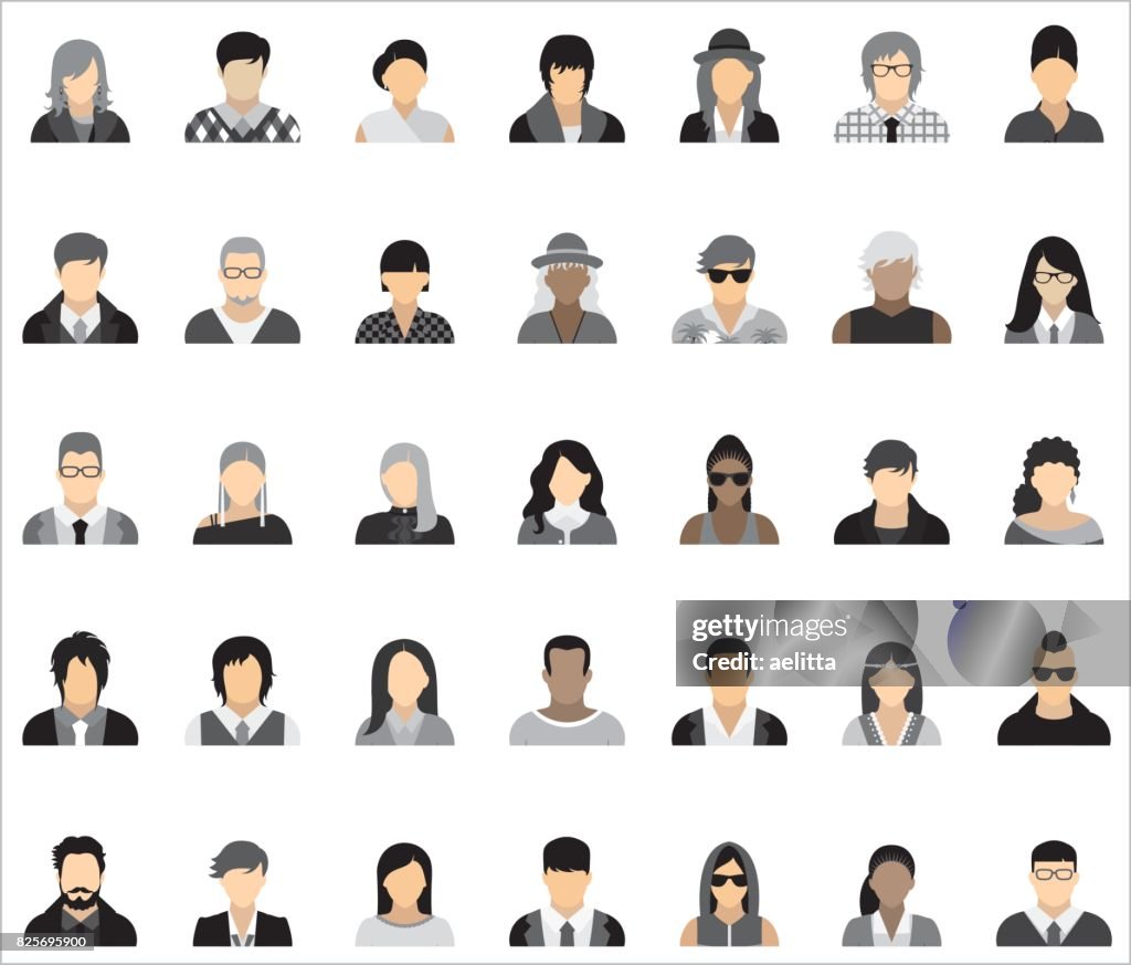 Set of thirty-five icons of people.