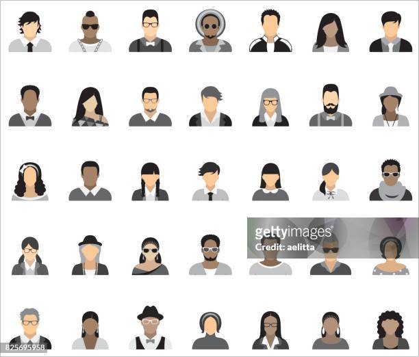 set of thirty-five icons of people. - university asian students international portrait stock illustrations