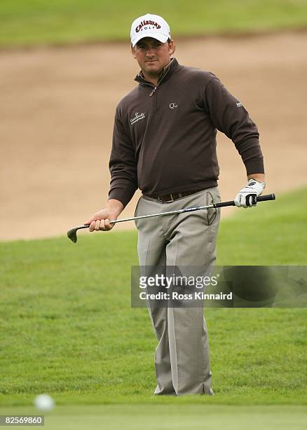 Graeme McDowell of Northern Ireland tees off during the pro-am event prior to The Johnnie Walker Championship at Gleneagles on August 27, 2008 at the...