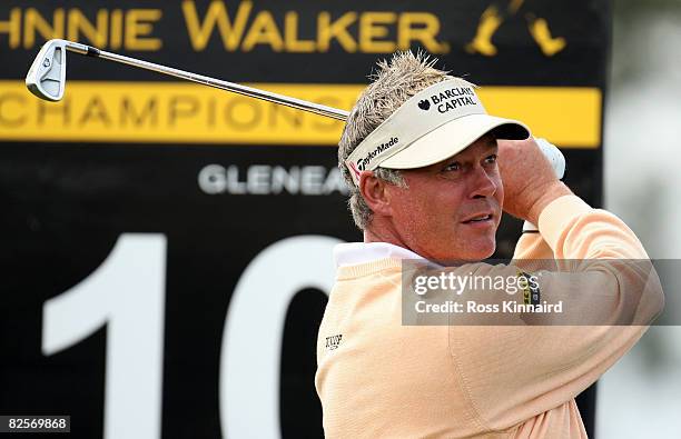 Darren Clarke of Northern Ireland tees off during the pro-am event prior to The Johnnie Walker Championship at Gleneagles on August 27, 2008 at the...