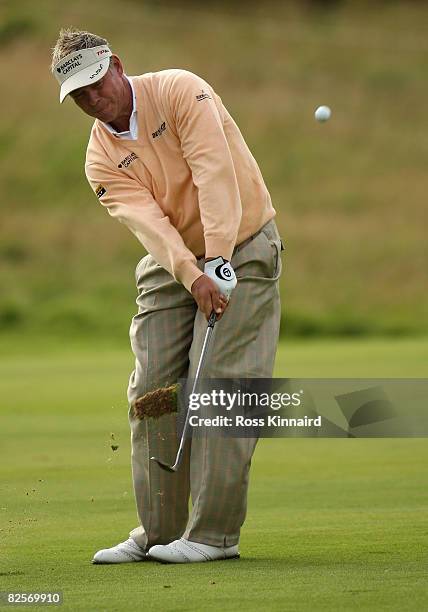 Darren Clarke of Northern Ireland hits the ball during the pro-am event prior to The Johnnie Walker Championship at Gleneagles on August 27, 2008 at...