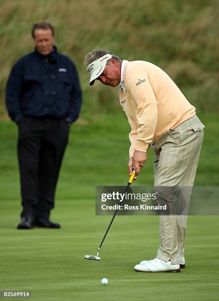 Darren Clarke of Northern Ireland putts during the pro-am event prior to The Johnnie Walker Championship at Gleneagles on August 27, 2008 at the...