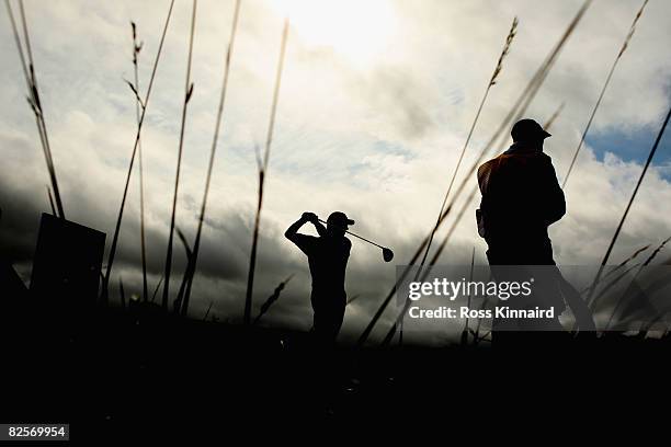 Soren Hansen of Denmark hits the ball during the pro-am event prior to The Johnnie Walker Championship at Gleneagles on August 27, 2008 at the...