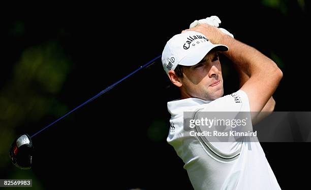 Oliver Wilson of England hits the ball during the pro-am event prior to The Johnnie Walker Championship at Gleneagles on August 27, 2008 at the...