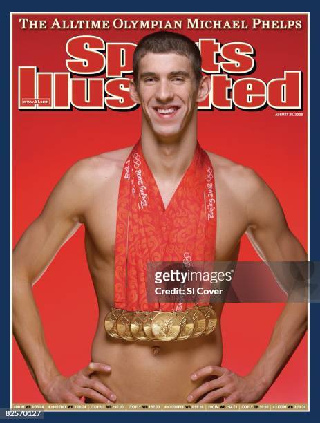 August 25, 2008 Sports Illustrated via Getty Images Cover: Swimming: 2008 Summer Olympics: Portrait of USA Michael Phelps posing with eight gold...
