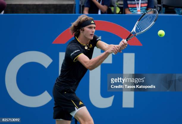 Alexander Zverev of Germany competes with Jordan Thompson of Australia at William H.G. FitzGerald Tennis Center on August 2, 2017 in Washington, DC.