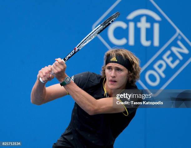 Alexander Zverev of Germany competes with Jordan Thompson of Australia at William H.G. FitzGerald Tennis Center on August 2, 2017 in Washington, DC.