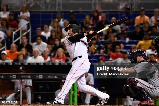 Mike Aviles of the Miami Marlins in action during the game between the Miami Marlins and the Washington Nationals at Marlins Park on July 31, 2017 in...