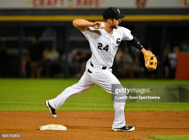 Chicago White Sox third baseman Matt Davidson turns the double play during the game between the Toronto Blue Jays and the Chicago White Sox on July...