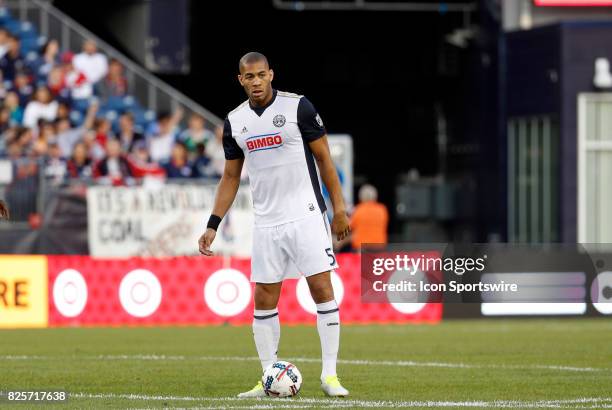 Philadelphia Union defender Oguchi Onyewu stands over a free kick during an MLS match between the New England Revolution and the Philadelphia Union...