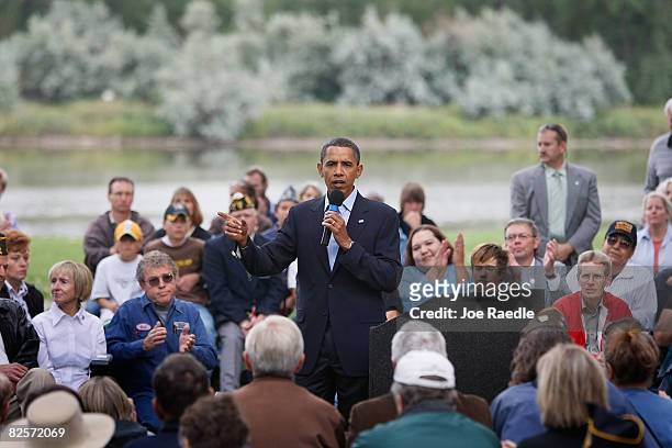 Presumptive Democratic presidential nominee Barack Obama speaks during a campaign event at Riverfront Park August 27, 2008 in Billings, Montana....