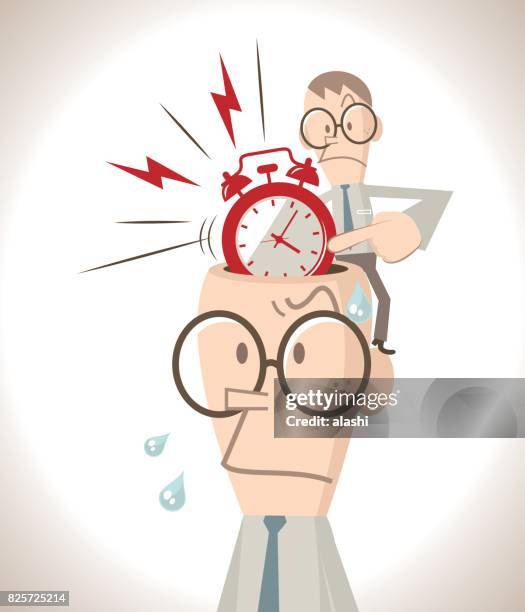 worried businessman with open head, a little business man pointing at an alarm clock inside of the head, time management concept - open mind stock illustrations