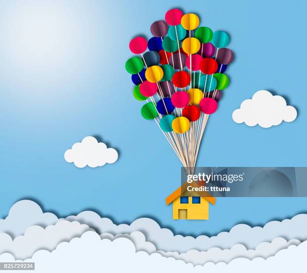 flying house over clouds, paper cutting style - moving into new home cartoon stock pictures, royalty-free photos & images