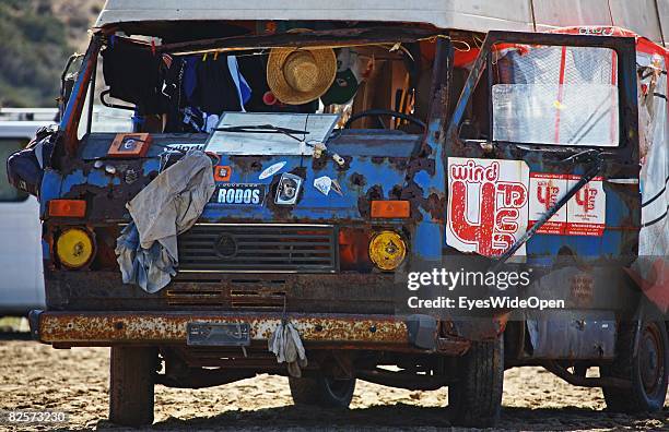 An old camper van is seen in Prassonisi on July 20, 2008 in Rhodes, Greece. This VW LT van is said to be the first driven by a crazy windsurfer to...