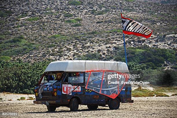 An old camper van in seen in Prassonisi on July 20, 2008 in Rhodes, Greece. This VW LT van is said to be the first driven by a crazy windsurfer to...
