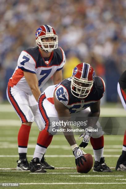 Center Melvin Fowler of the Buffalo Bills gets ready to hike the ball during the game against the Indianapolis Colts at Lucas Oil Stadium on August...