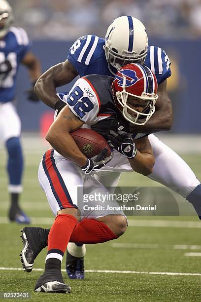 Marlin Jackson of the Indianapolis Colts tackles Josh Reed of the Buffalo Bills on August 24, 2008 at Lucas Oil Stadium in Indianapolis, Indiana. The...
