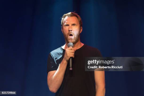 Comedian Jason Byrne performs on stage during Assembly Gala Launch for Edinburgh Festival Fringe at Assembly Hall on August 2, 2017 in Edinburgh,...