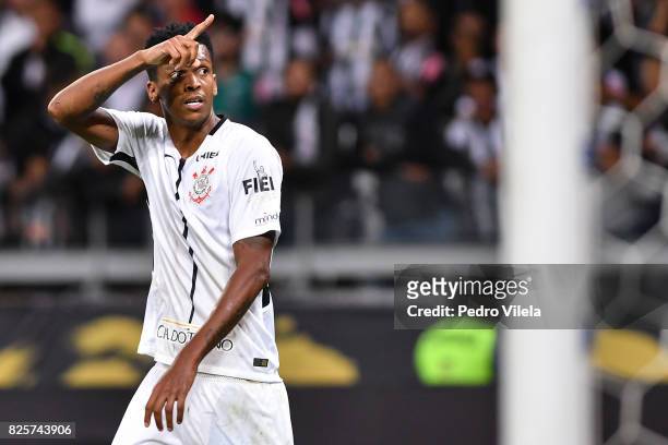 Jo of Corinthians celebrates a scored goal against Atletico MG during a match between Atletico MG and Corinthians as part of Brasileirao Series A...