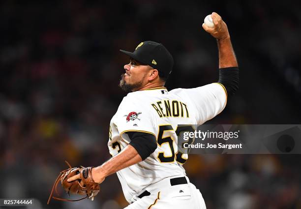 Joaquin Benoit of the Pittsburgh Pirates pitches during the seventh inning against the Cincinnati Reds at PNC Park on August 2, 2017 in Pittsburgh,...