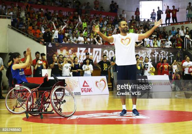 Player Tony Parker visits Guangxi Sports Center on August 2, 2017 in Guilin, Guangxi Zhuang Autonomous Region of China.
