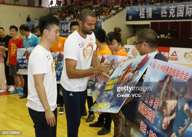 Player Tony Parker visits Guangxi Sports Center on August 2, 2017 in Guilin, Guangxi Zhuang Autonomous Region of China.