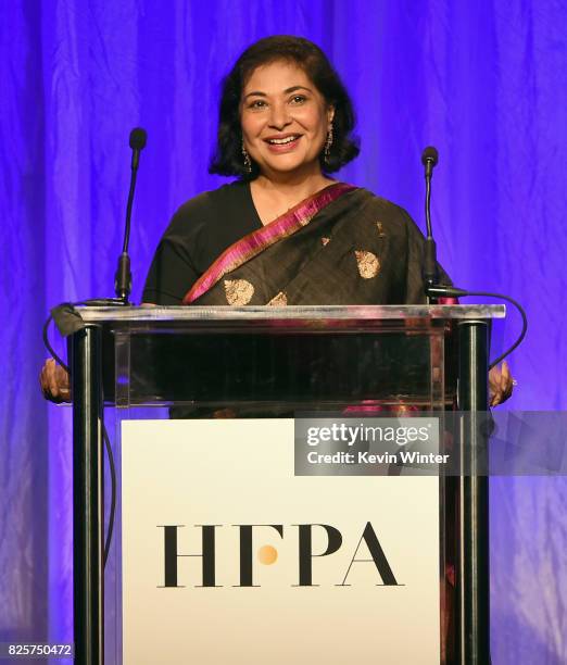 President Meher Tatna speaks onstage at the Hollywood Foreign Press Association's Grants Banquet at the Beverly Wilshire Four Seasons Hotel on August...
