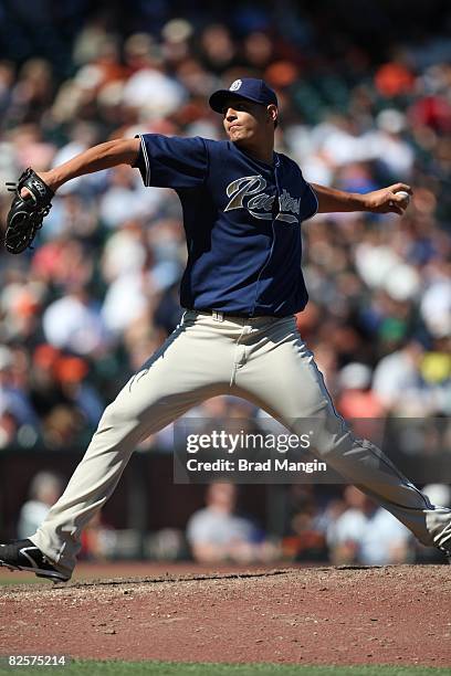 Wilfredo Ledezma of the San Diego Padres pitches during the game against the San Francisco Giants at AT&T Park in San Francisco, California on August...