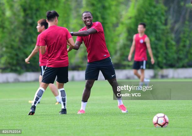 Anthony Ujah of Liaoning Whowin FC attends a training session ahead of the Chinese Super League 20th round matches on August 2, 2017 in Shenyang,...