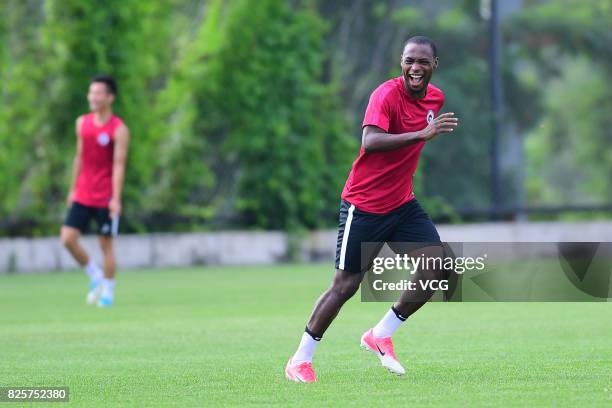 Anthony Ujah of Liaoning Whowin FC attends a training session ahead of the Chinese Super League 20th round matches on August 2, 2017 in Shenyang,...