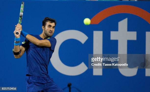 Yuki Bhambri of India competes with Gael Monfiles of France at William H.G. FitzGerald Tennis Center on August 2, 2017 in Washington, DC.