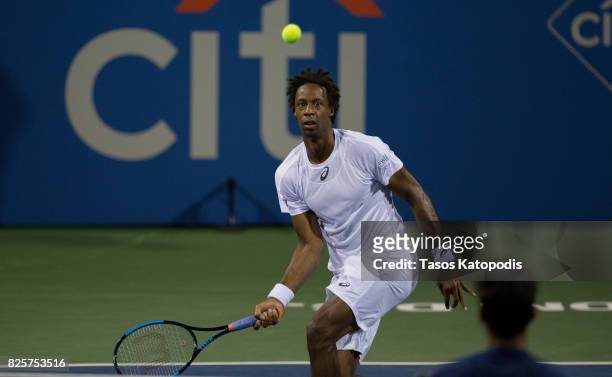 Gael Monfils of France competes with Yuki Bhambri of India at William H.G. FitzGerald Tennis Center on August 2, 2017 in Washington, DC.
