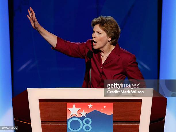 Former New Hampshire Governor Jean Shaheen addresses the gathered delegates on day three of the Democratic National Convention at the Pepsi Center...