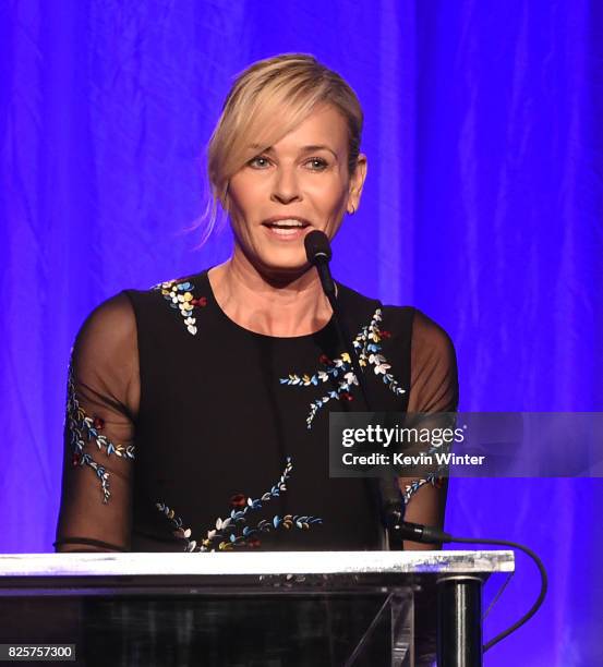 Host Chelsea Handler speaks onstage at the Hollywood Foreign Press Association's Grants Banquet at the Beverly Wilshire Four Seasons Hotel on August...