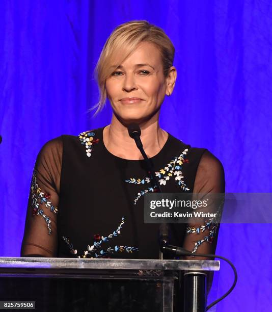 Host Chelsea Handler speaks onstage at the Hollywood Foreign Press Association's Grants Banquet at the Beverly Wilshire Four Seasons Hotel on August...