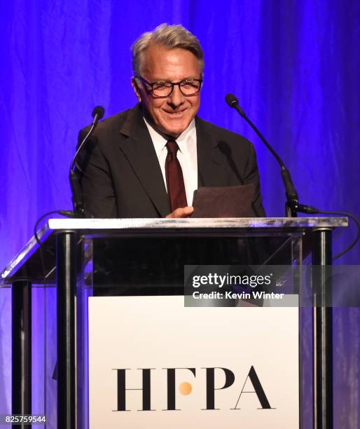 Dustin Hoffman speaks onstage at the Hollywood Foreign Press Association's Grants Banquet at the Beverly Wilshire Four Seasons Hotel on August 2,...