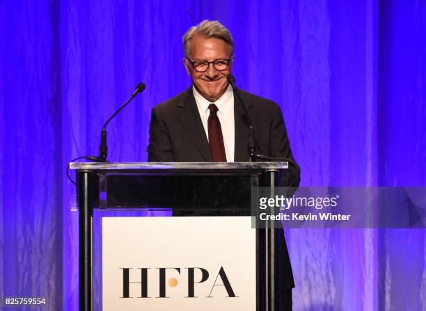 Dustin Hoffman speaks onstage at the Hollywood Foreign Press Association's Grants Banquet at the Beverly Wilshire Four Seasons Hotel on August 2,...